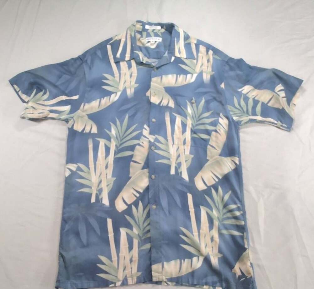Vintage Pierre Cardin Blue Hawaiian Aloha Shirt Bamboo Leaf Print Rayon Medium